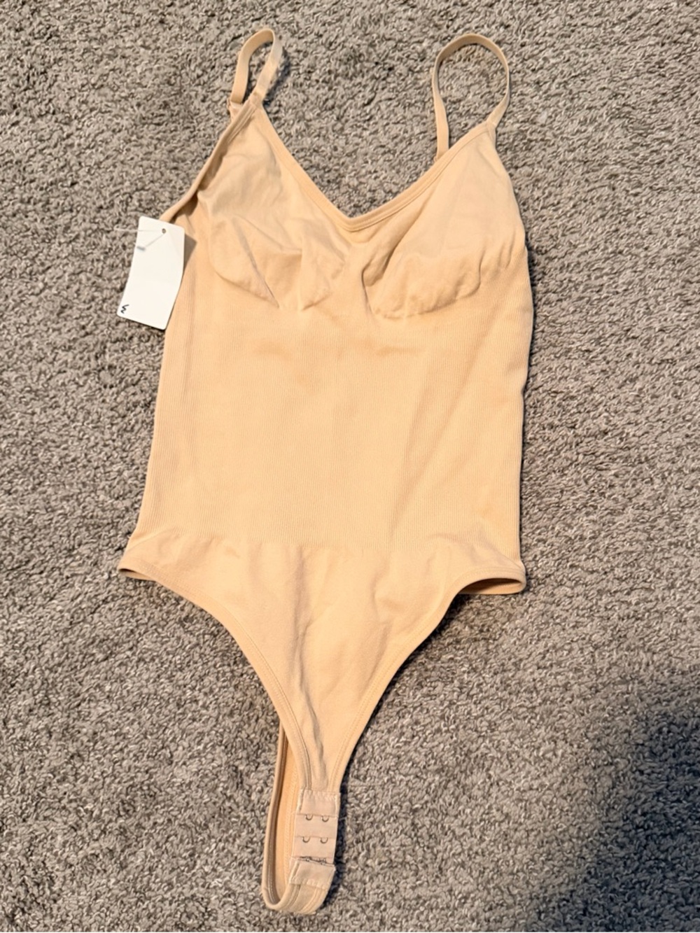 Beige Ribbed V-Neck Shape Wear Bodysuit